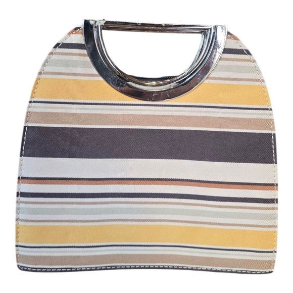 Top Handle Canvas Brown Yellow Cream Stripe Handbag - Picture 2 of 9